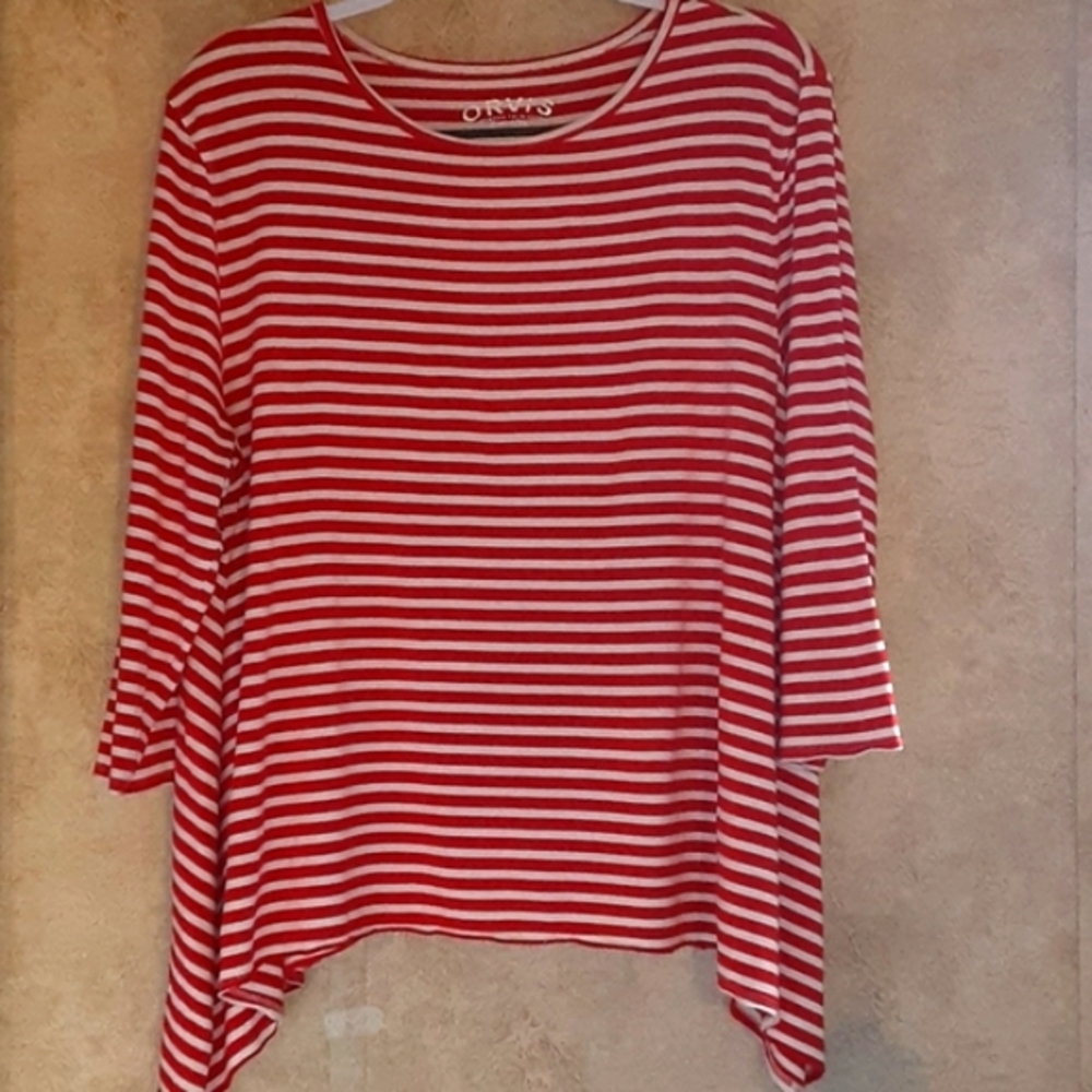 ORVIS TOP BLOUSE RED WHITE STRIPED LONG SLEEVE SIZE